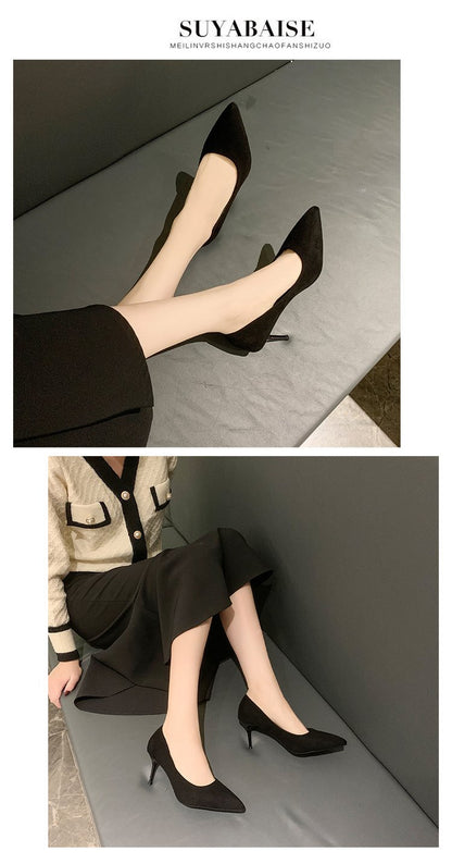 High Heels Women's New Women's Shoes Pointed Shallow Mouth Single Shoes Fine Heel Suede Black Fashion Shoes Women Large Size