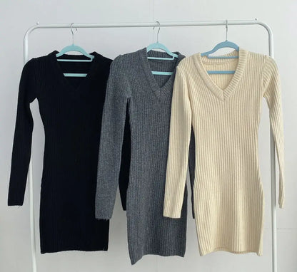 Women Knit Slim Sexy Bodycon Dress V-Neck Long Sleeve Dress Solid Casual Midi Sw