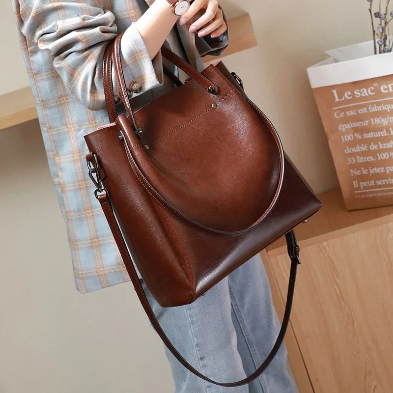 Women's Cow Genuine Leather Handbags Lady Vintage Retro Cowhide shoulder Bag Ladies Luxury large capacity multiple Pockets Lady