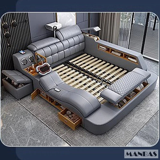 MANBAS Luxury King Size Genuine Leather Bed / Tech Smart Bed / Multifunctional Ultimate Beds / Massage Bed with USB,Projecter