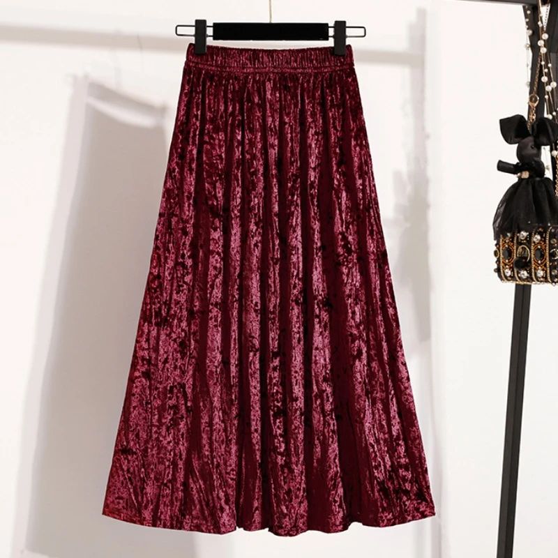 Autumn Winter Girls New A-line Velvet Skirt 2025 Plus Size Gold Velvet Half Pleated Skirt Solid Versatile High Waist Mid Skirt