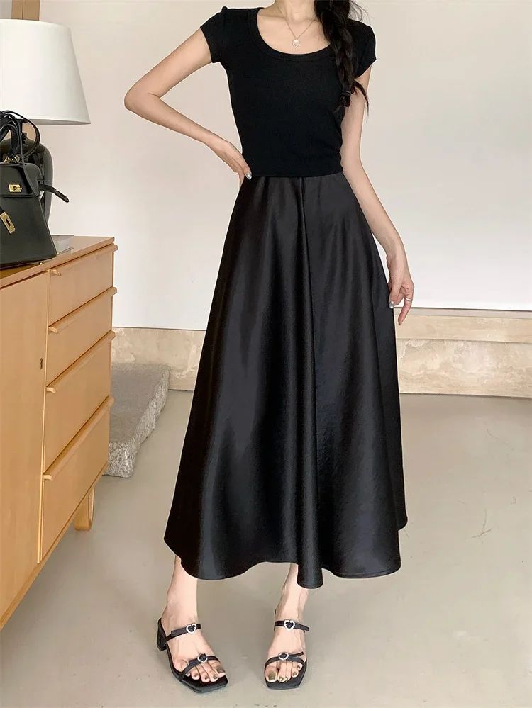 Plus Size Satin Half-Body Skirt Female 2026 Spring New Korean Fashion Temperament Elegant Solid Casual A-line Skirts