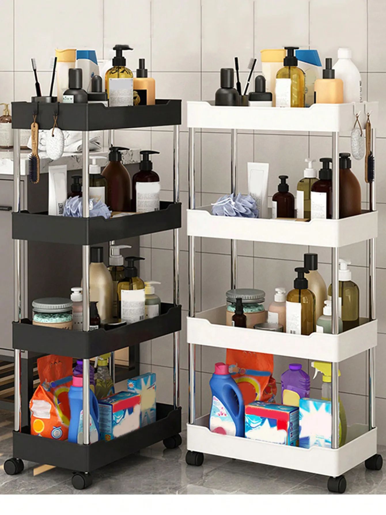 Rack de armazenamento móvel com 3/4 níveis para espaços estreitos, carrinho utilitário com rodinhas, prateleira organizadora fina para cozinha, banheiro e sala de estar