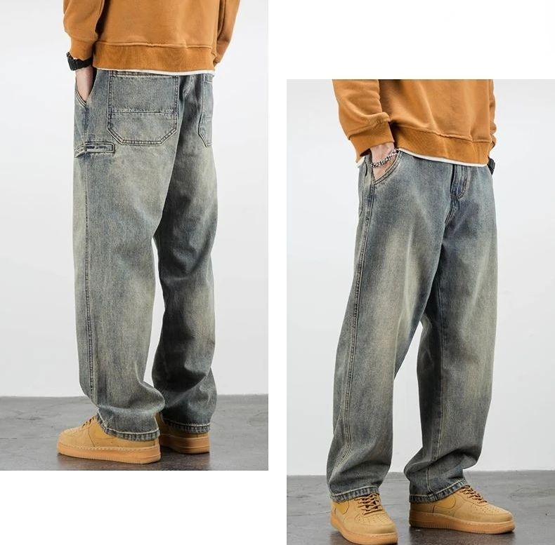 Calça Jeans Masculina Retrô Cargo Reta Cowboy Punk Lavada Grife Luxuosa Tendência 2025 Y2k Vintage Estilo Coreano Larga