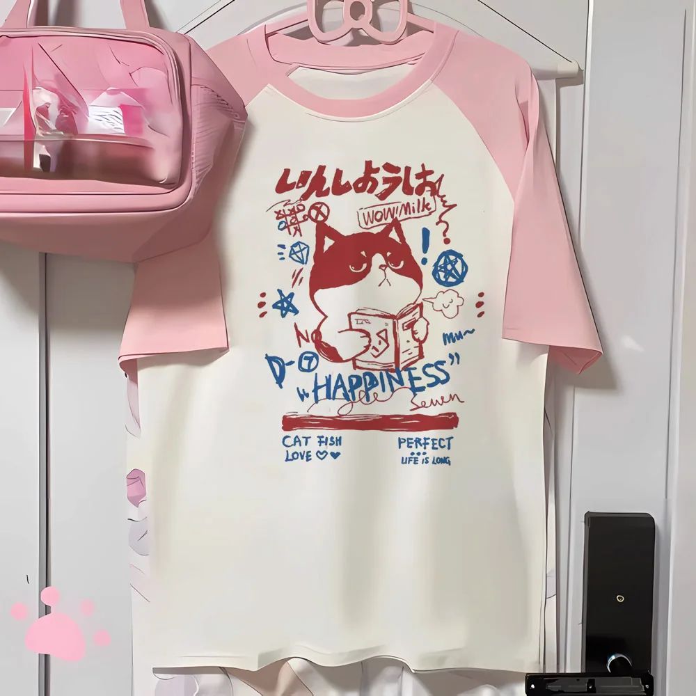 Aesthetics Japanese Grunge T-shirt Y2k Harajuku Anime Cartoon Cat Tops Tees Short Sleeve Women Kawaii Clothing Streetwear
