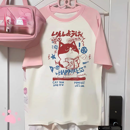 Aesthetics Japanese Grunge T-shirt Y2k Harajuku Anime Cartoon Cat Tops Tees Short Sleeve Women Kawaii Clothing Streetwear