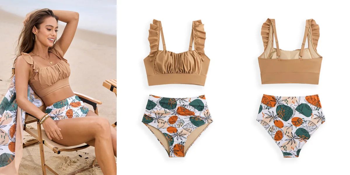 Fashion Printing Swimsuit Two Piece For Women Ruffle Swimwear Tops And High Waist Bikini Swim Shorts For Women For Teen Girls