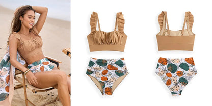 Fashion Printing Swimsuit Two Piece For Women Ruffle Swimwear Tops And High Waist Bikini Swim Shorts For Women For Teen Girls