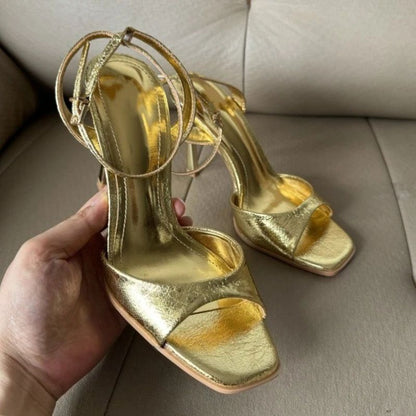 Gold Patent Leather Ankle Buckle High Heeled Sandals Women Sexy Square Toe Open Toe High Heels Summer Fashion Party Office Shoes