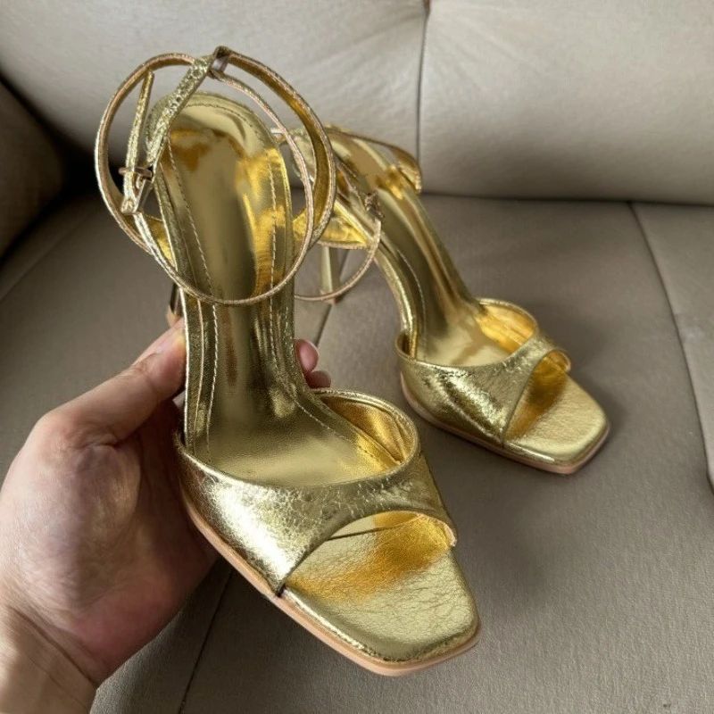 Gold Patent Leather Ankle Buckle High Heeled Sandals Women Sexy Square Toe Open Toe High Heels Summer Fashion Party Office Shoes