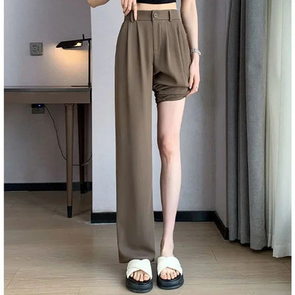 Women Full Length Pants Lady Baggy High Waist Wide Leg Solid Color Trousers Lady Straight Leg Mom Classic Office Pants Slacks