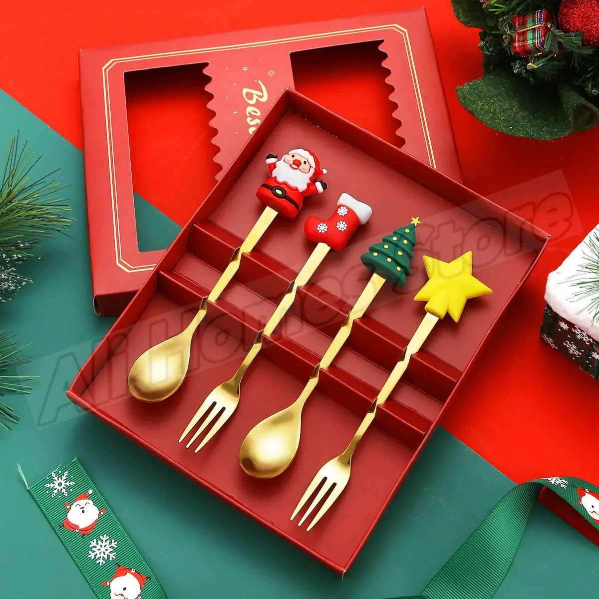 Christmas Cutlery Set Elk Dessert Scoop Fruit Fork Coffee Spoon Stainless Steel Dessert Fork 4/6PCS Christmas Spoons Fork Set