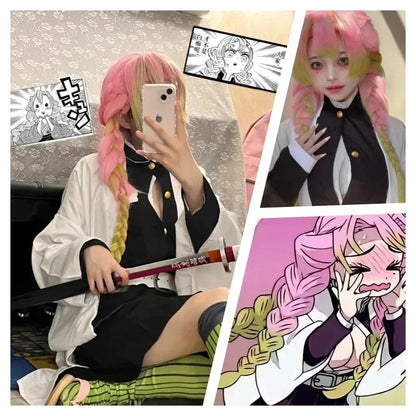 Adult Children Anime Kanroji Mitsuri Cosplay Costume Kimono Haori Dress Wig Clothes Halloween Costume for Adult Children
