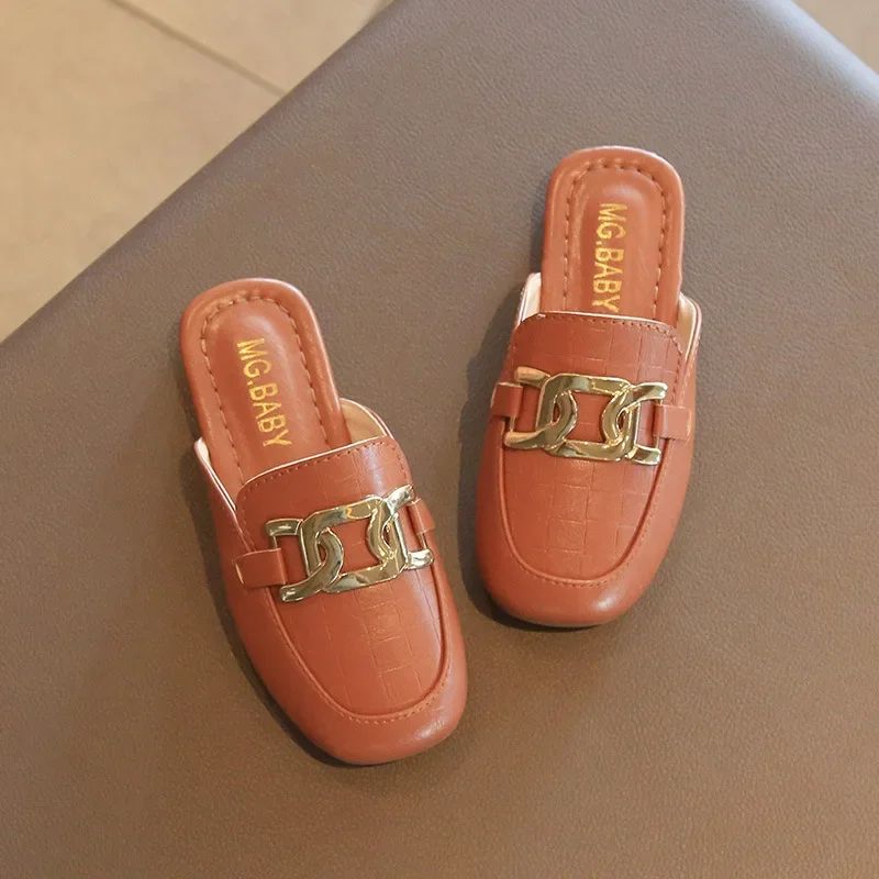 Children Sandals for Girls 2024 Summer New Girls Covered Toes Flat Leather Slippers Casual Lazy Metal Korean Kids Fashion Flats