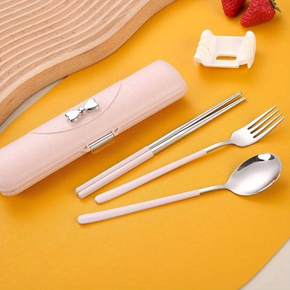 3 peças de talheres portáteis de aço inoxidável, colher, garfo e pauzinhos, caixa de armazenamento, conjunto de viagem para exterior, piquenique, escola, Ano Novo