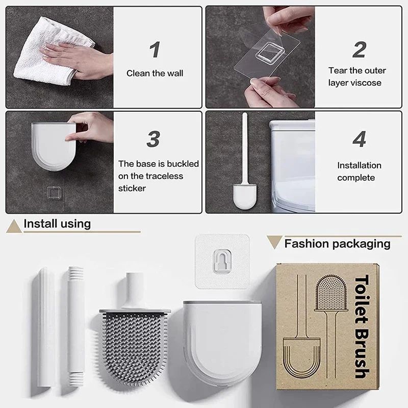 Wall-Mounted Silicone Toilet Brush Set-Easy-Install, Long-Handle,No Dead Corners,Efficient Cleaning,Portable Design with Holder