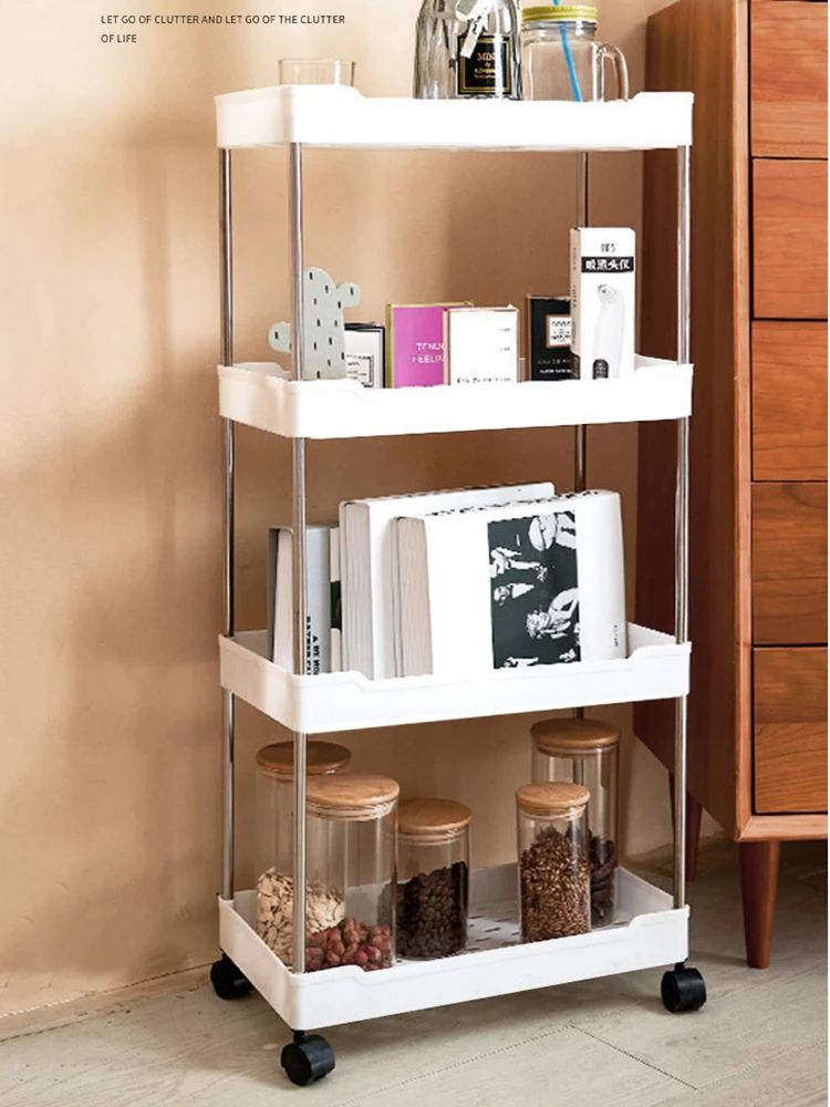 Rack de armazenamento móvel com 3/4 níveis para espaços estreitos, carrinho utilitário com rodinhas, prateleira organizadora fina para cozinha, banheiro e sala de estar