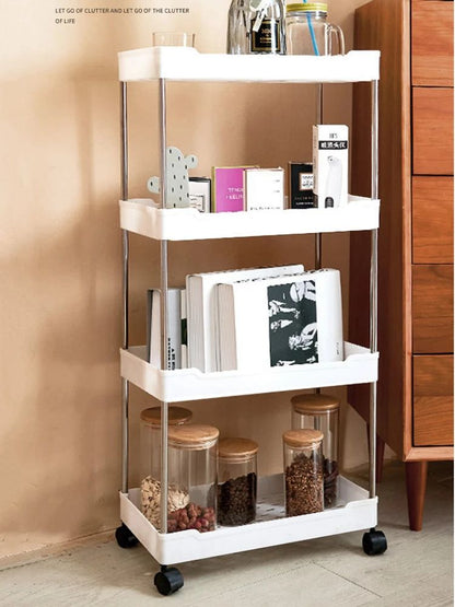 Rack de armazenamento móvel com 3/4 níveis para espaços estreitos, carrinho utilitário com rodinhas, prateleira organizadora fina para cozinha, banheiro e sala de estar