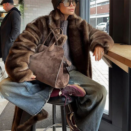 Fashion Mixed Color Lapel Collar Woman Long Coat Elegant Full Sleeve Loose Overcoat New Winter Lady High Street Faux Fur Jacket