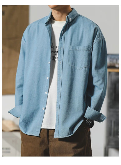 Autumn New Men's Long Sleeve Denim Shirt Classic Black Blue Loose Lapel Collar Coats Fashion Korean High Street Male Clothes Top