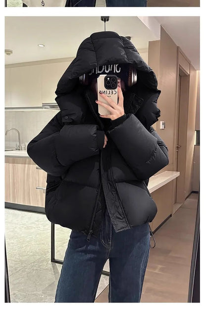 Hooded Cotton Jacket Women 2025 New Thickened Warm Long Sleeved Outwear Winter Korean Loose Solid Color Versatile Short Coat
