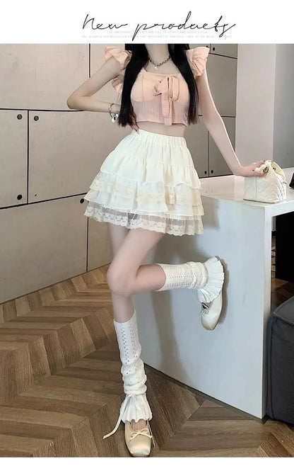 JOEVILU White Tutu Skirt A-line Elastic High Waist Mini Skirts Short Lace Cake Skirt Thin Summer Korean Fashion Goth Y2k Clothes