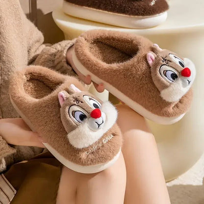 Chinelo de algodão de pelúcia com desenho animado Disney Tico e Teco, fofo, para homens e mulheres, confortável, macio, antiderrapante, resistente ao desgaste e quente para o inverno