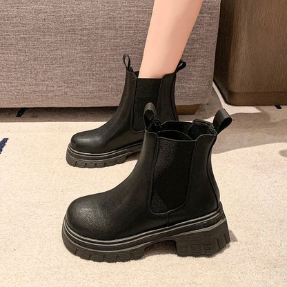 Autumn and Winter New Round Toe Low Heel Women's Boots Chelsea Motorcycle Boots Solid Color Breathable Casual Women's Boots