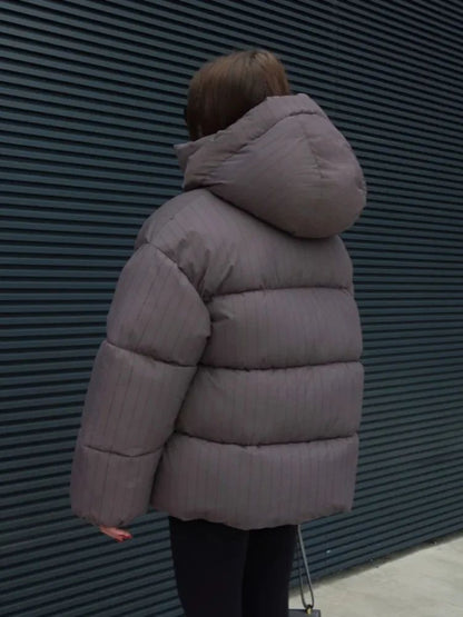 Women's Pinstripe Oversized Puffer Jacket Full Sleeve Detachable Hood Zipper Warm Coat 2025 Autumn Winter Female Casual Wear