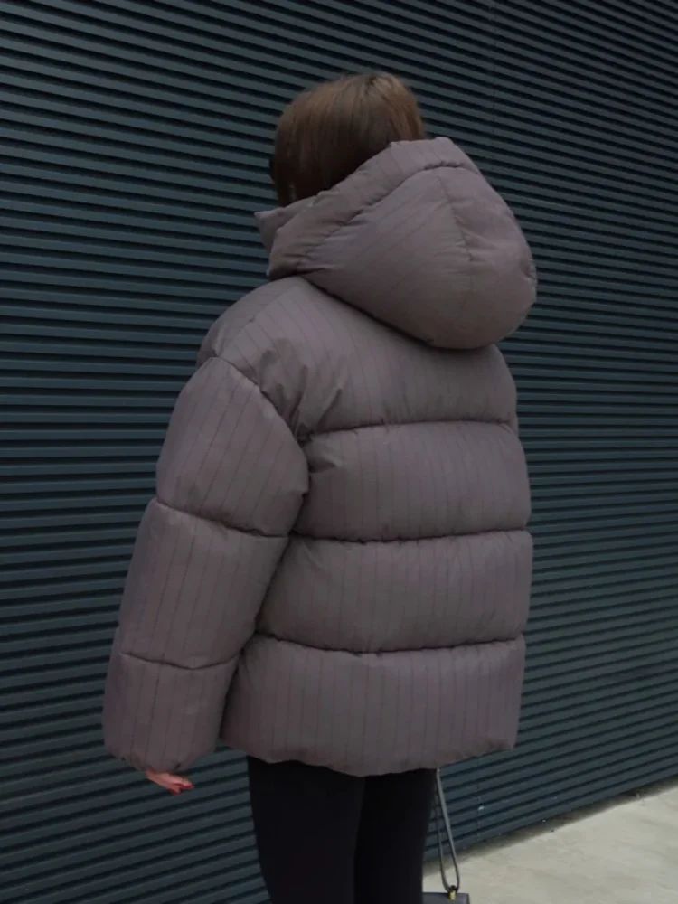Women's Pinstripe Oversized Puffer Jacket Full Sleeve Detachable Hood Zipper Warm Coat 2025 Autumn Winter Female Casual Wear