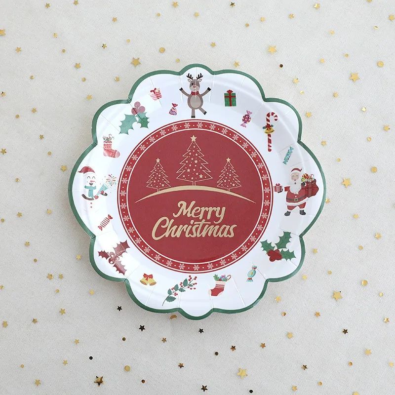 JUSTINLAU Christmas Cutlery Disposable Tableware Set Paper Plates Paper Cups Tissues Tablecloth Dining Plates Christmas Themed
