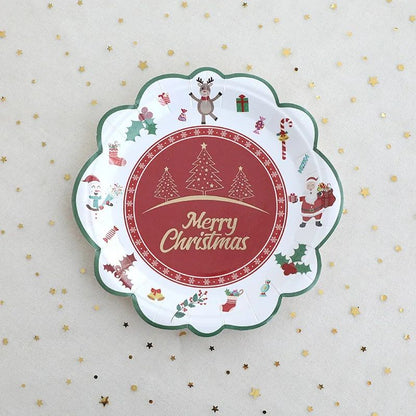 JUSTINLAU Christmas Cutlery Disposable Tableware Set Paper Plates Paper Cups Tissues Tablecloth Dining Plates Christmas Themed