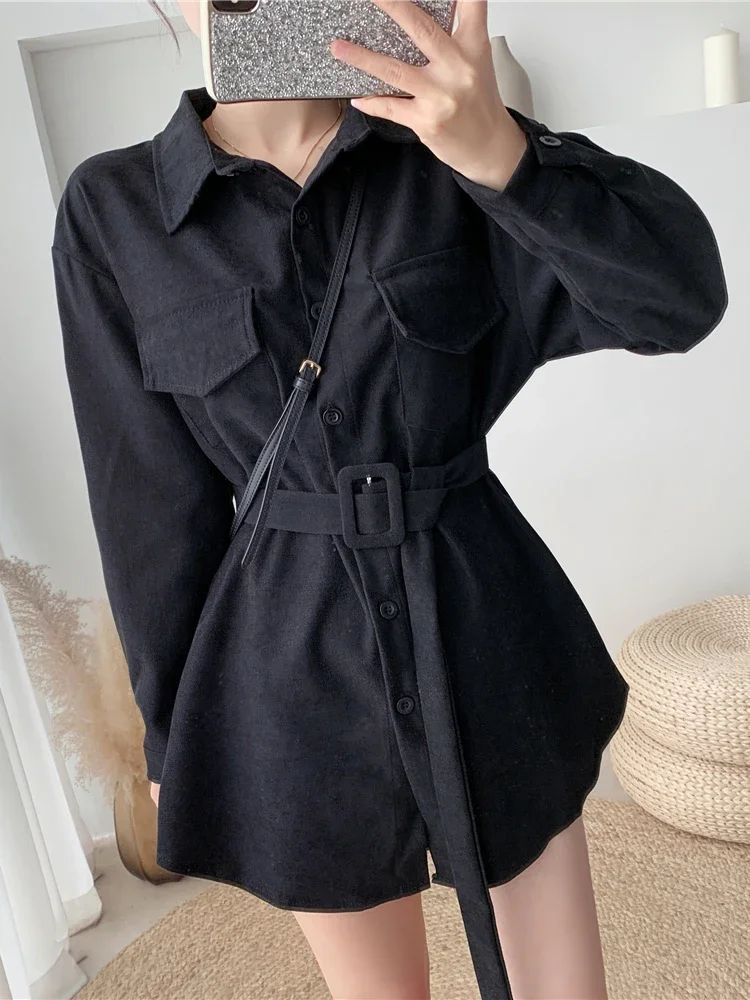 Women Spring Autumn Shirts Retro Cargo Style Pockets Long-Sleeved Shirt Puff Sleeve Bandage Nipped Waist Tops Female PL438