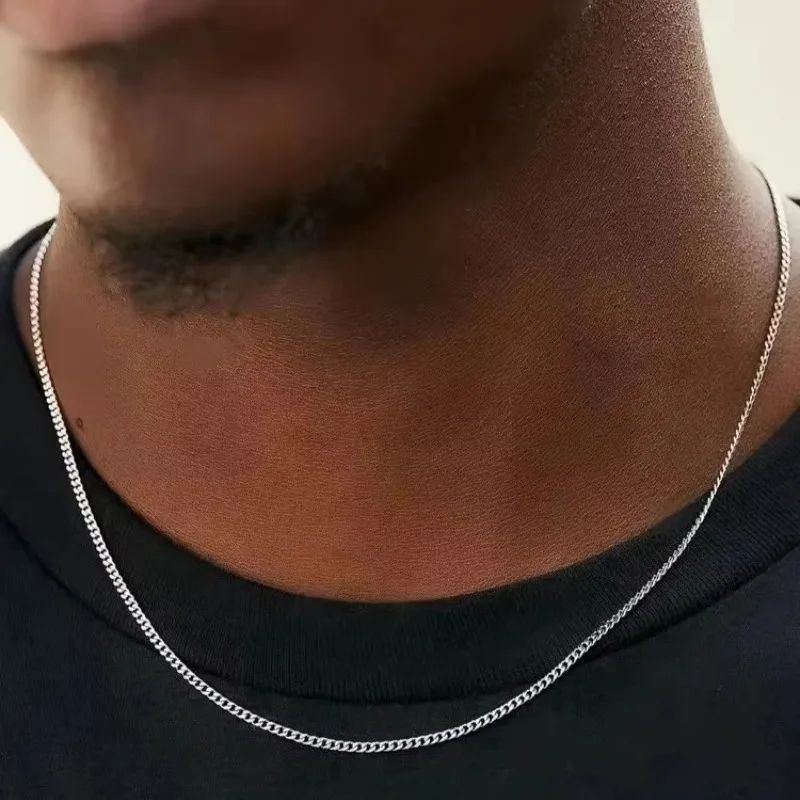 Colar Corrente Cubana Masculina 3mm Colar Simples de Aço Inoxidável Joias de Aço Titânio da Moda Acessórios da Moda Presentes de Festa