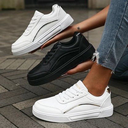 Women's Casual White Sneakers Chic Silver Trim Soft Lining Non Slip Shoes New Minimalist Design PU Leathe Skate Shoes for Women