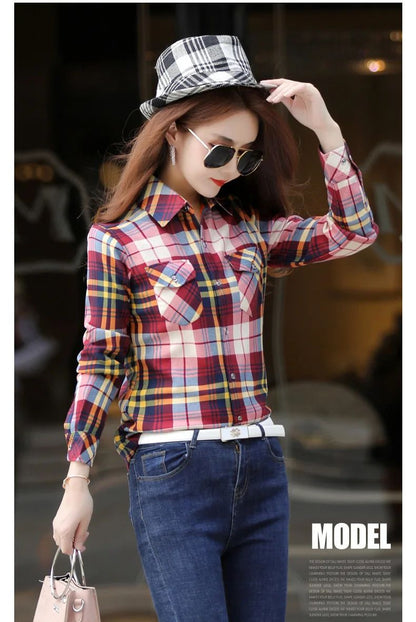 Women's Fleece Lined Long Sleeve Shirt Mid Length Thick Winter Warm Korean Style Elastic plus Size Plaid Patterned Button up