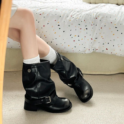 Vintage Thick Heel Women Western Cowboy Boots Fashion Belt Buckle Slip On Shoes Ladies Pleated Short Booties Autumn Winter