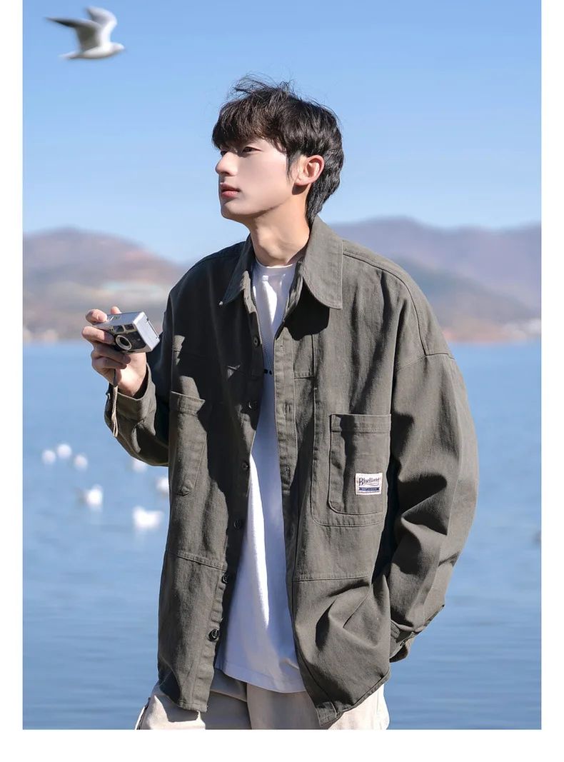 Japanese Series Men's Shirts Casual Vintage Cargo Jacket Top Spring Autumn Solid Blouses Single Breasted Male Clothes Streetwear