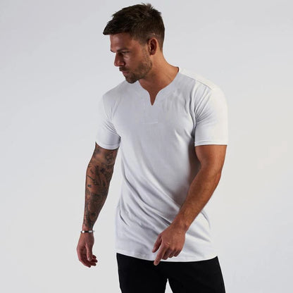 Elastic Slim Fit Summer Cool Quick Dry T-Shirts Mens Running Short Sleeve V-neck Shirts Gym Bodybuilding Fitness Muscle Clothing