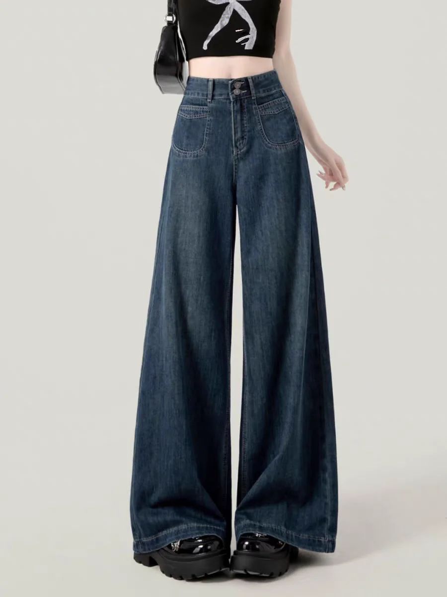Casual Womens Jeans Autumn Winter High Waist Wide Leg Loose Trousers Vintage Heavyweight Lazy Drape Straight Long Pants