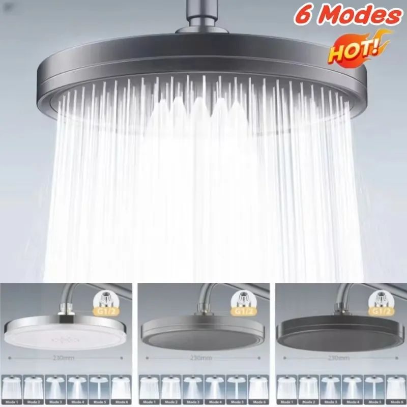 Nova Ducha de Grande Painel de 230mm, 6 Modos, Supercarga, Tipo Chuva, Alta Pressão, Torneira de Chuveiro Superior, Acessórios para Banheiro
