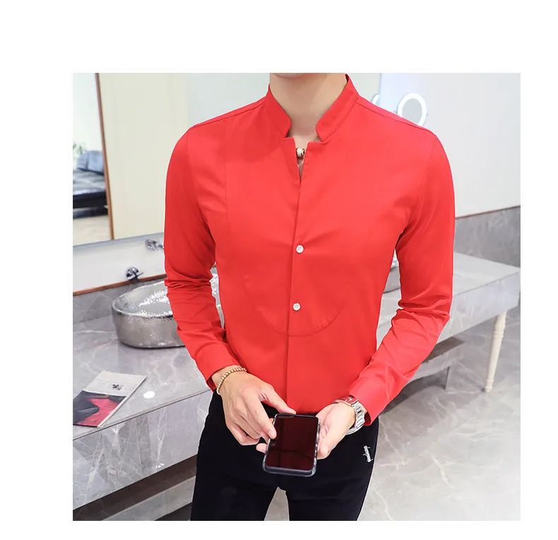 Black Men Long Sleeve Shirt, White Single Breasted Collar Stretch Shirts, Red Fashion Slim Top,Asian Size M-5XL(Korean Slim Fit)