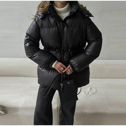 Glossy Shiny Women 's Down Jackets Vintage Hooded Zipper Puffer Full Sleeve Jackets For Woman 2025 Woman Winter Coats Outwears