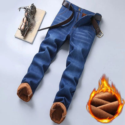 Men New Winter Warm Jeans Male Fleece Lined Thickened Denim Pants Loose Straight Cold Protection Casual Breathable Trousers