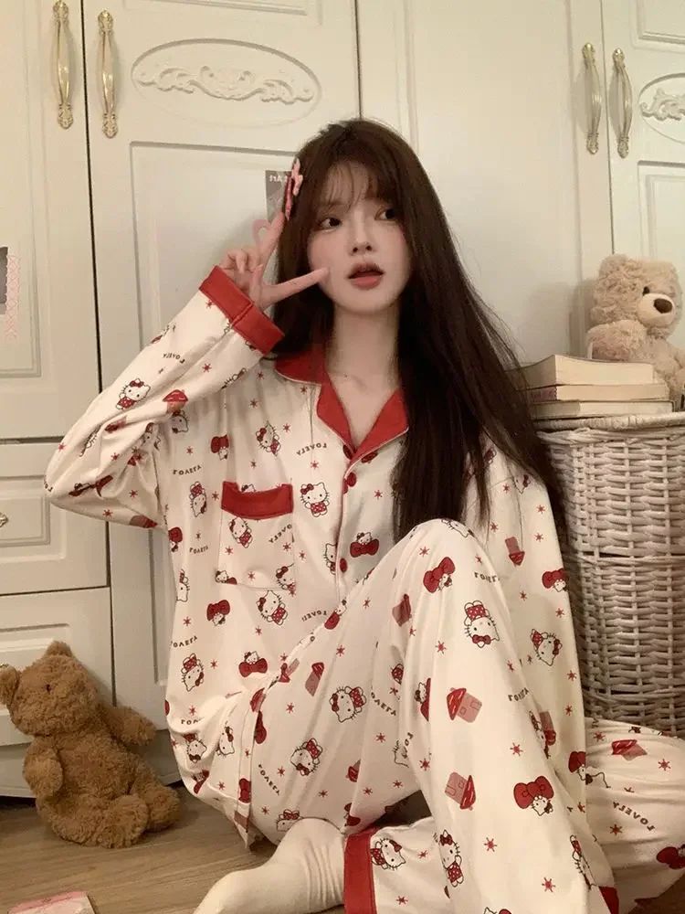 Hello Kitty Women's 2025 Autumn Loose Fit Cardigan Pajama Set Long Sleeve Cozy Home Wear Sleepwear Loungewear Outfit