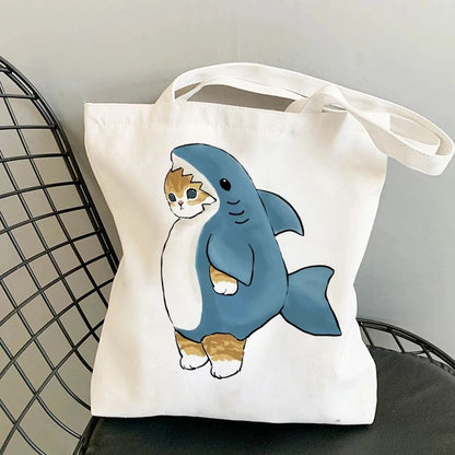 Kawaii Cats Manga Cartoon Reusable Tote Bag Women's High Capacity Versatile Canvas Shoulder Bag, Beach Shopper Handbag