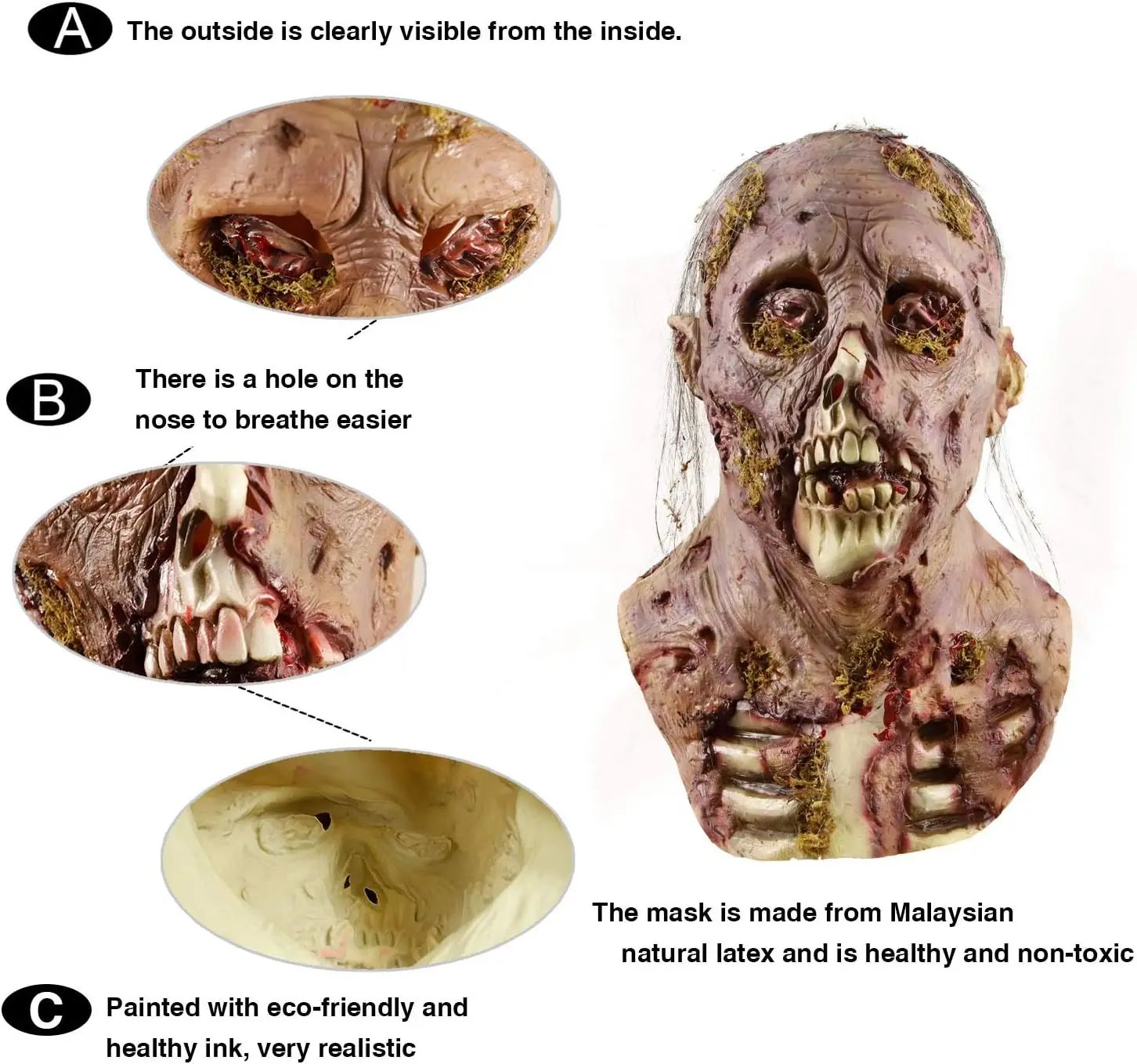 MAKEATREE Scary Walking Dead Zombie Head Mask Latex Creepy Halloween Costume Horror Adult Halloween Decoration Props