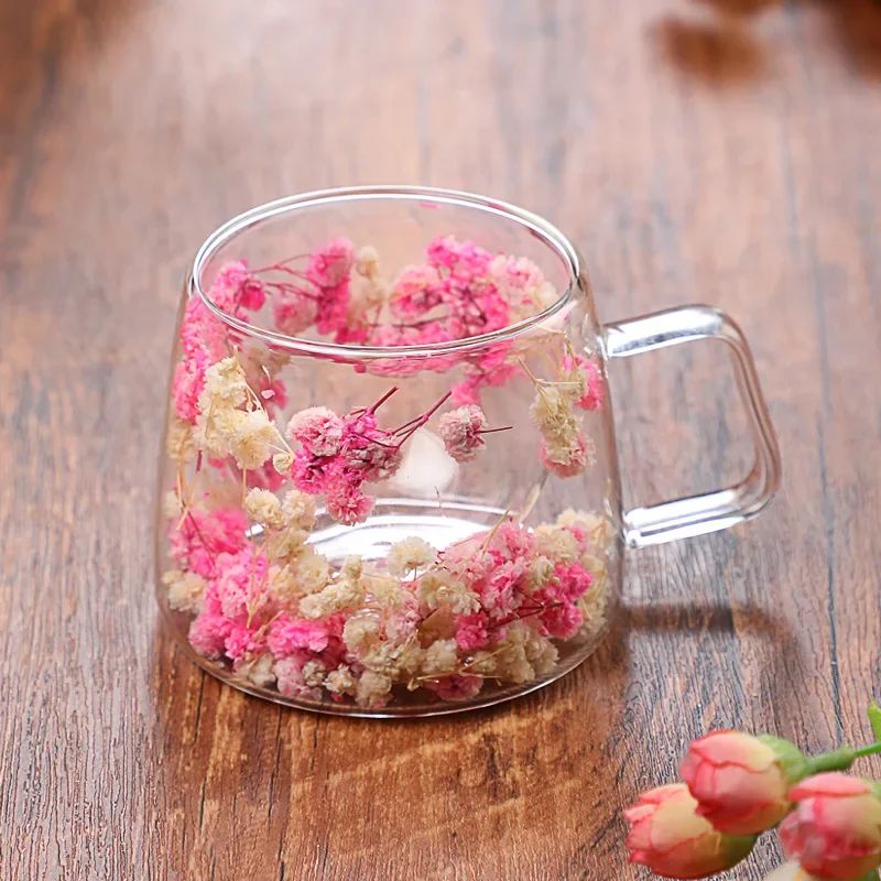 Copo de Vidro de Parede Dupla 200ml Transparente com Padrão de Flores Caneca de Chá Leite Café com Alça Presente para Amigos Copo de Água para Casa