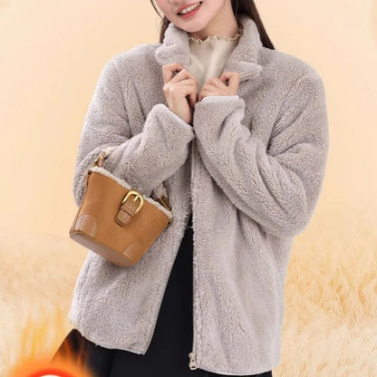 Women's Double-Sided Fleece Jacket Grey Warm Stand-Collar Thick Winter Outerwear Trendy Sweatshirt Style Casual Loose Fit