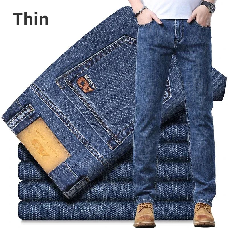 Calça Jeans Masculina Slim Fit 2024 de Material Fino ou Grosso Luxo Estilo Clássico Negócios Jeans Elástico Calças Masculinas Roupas
